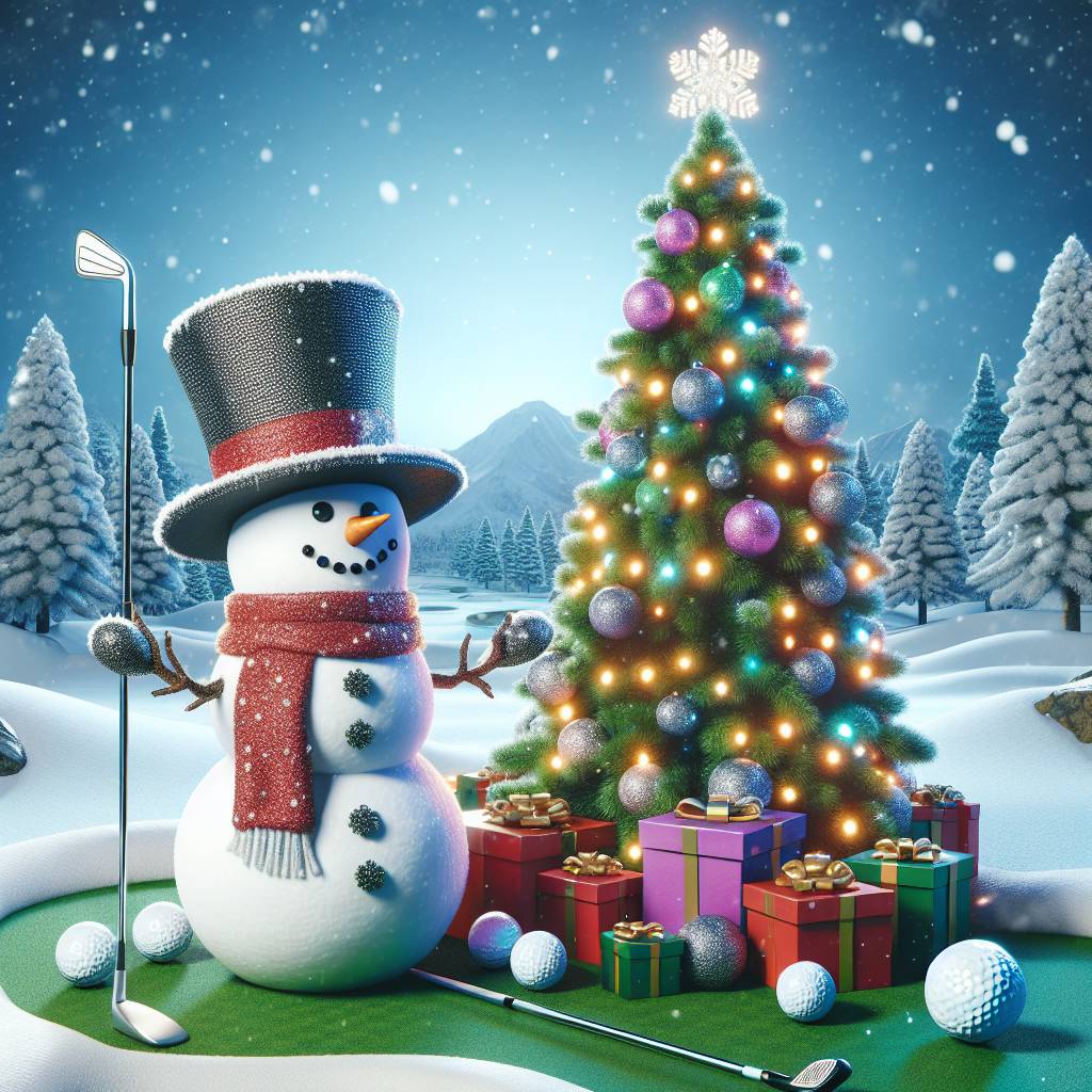1) Christmas AI Generated Card - Golfing with a Christmas tree and gifts (34688)