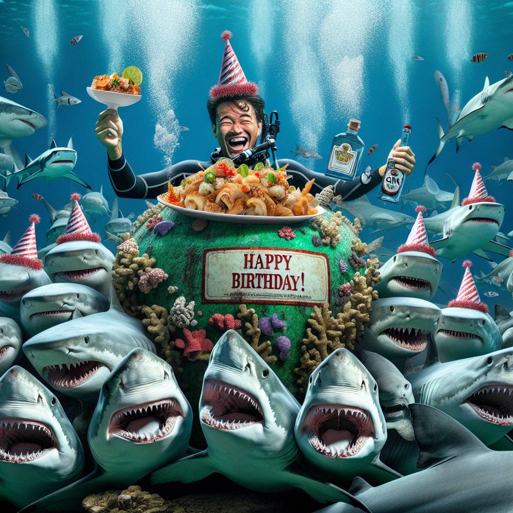 1) Birthday AI Generated Card - Swimming , Sharks, Scuba diving , Gin, Thai food, and Laughing (24be5)
