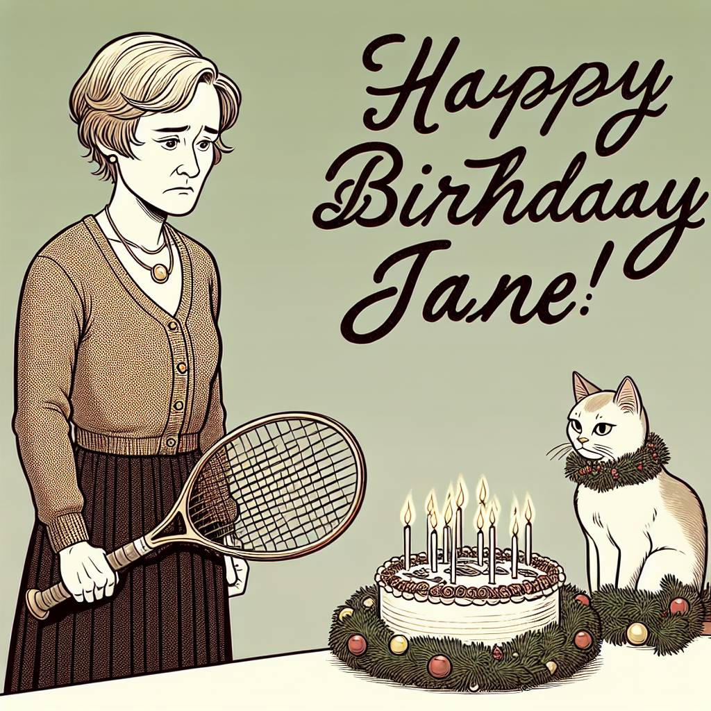 3) Birthday AI Generated Card - Lady with short blonde hair, Birthday cake with candles, Cat, Tennis, and Christmas (c61df)