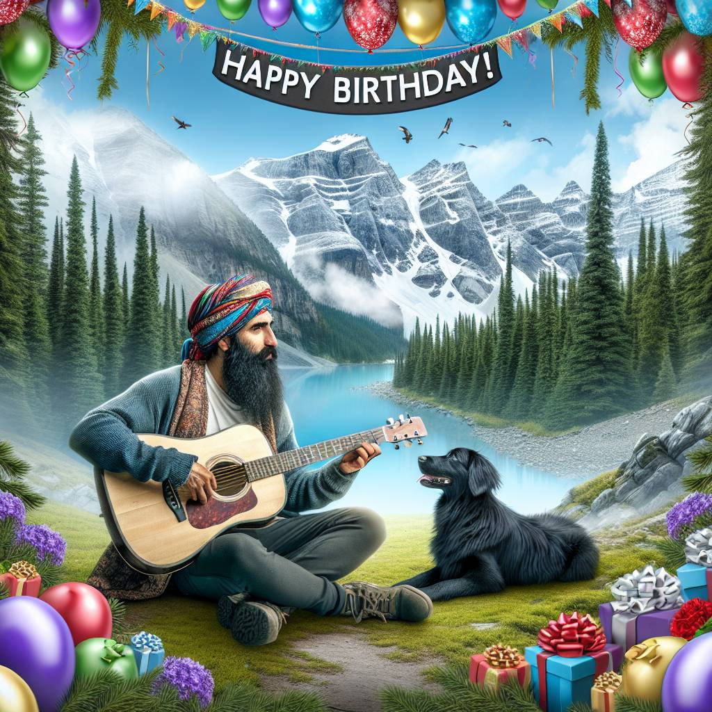 1) Birthday AI Generated Card - A man with a beard in the Canadian mountains with a guitar and a small black dog (c2f8b)