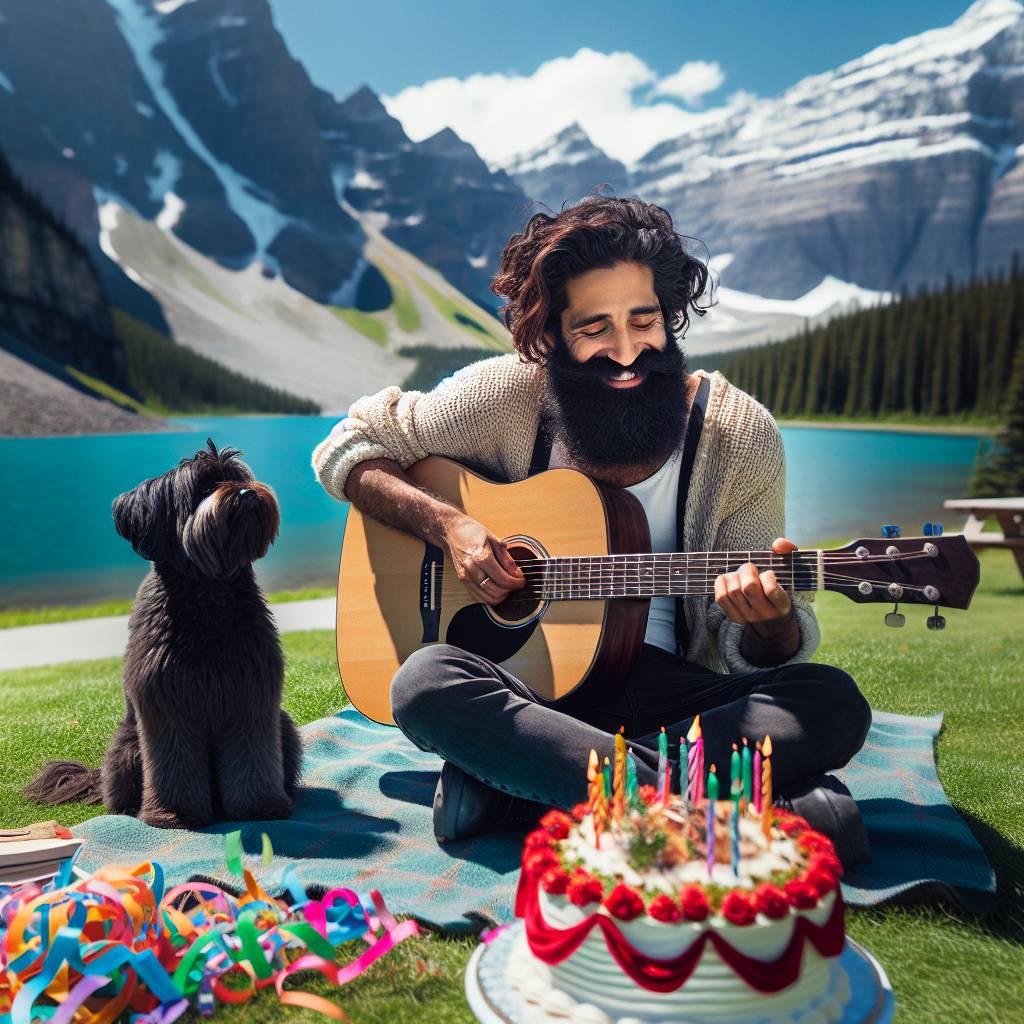 2) Birthday AI Generated Card - A man with a beard in the Canadian mountains with a guitar and a small black dog (ad215)