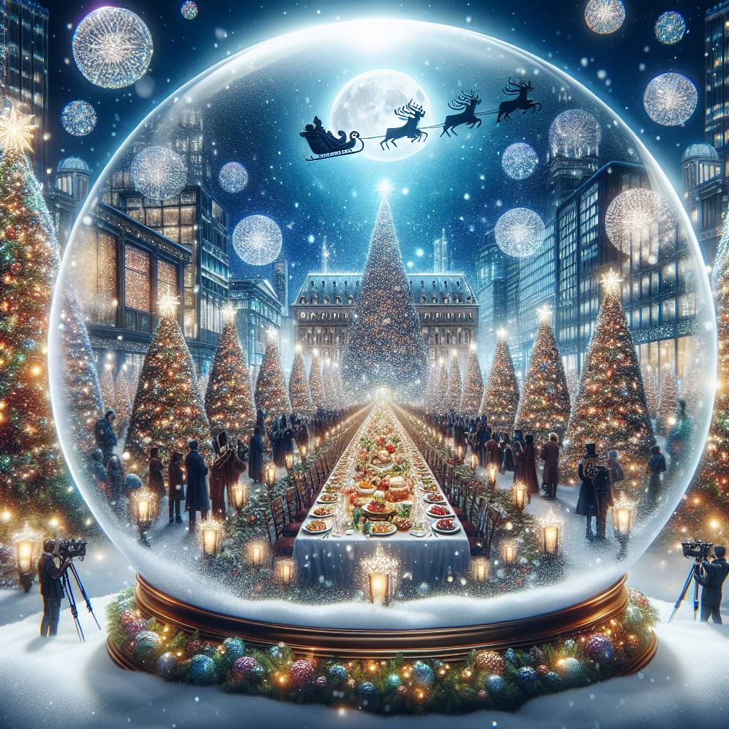1) Christmas AI Generated Card - Christmas snow globe, Christmas food, Manchester, Media city studios, Tv cameras, Christmas trees, Moon, and Sleigh (a08d0)