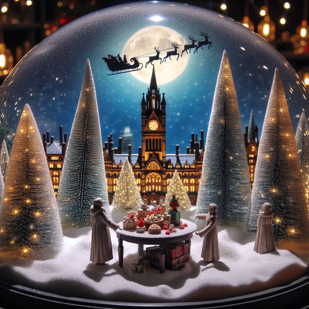 2) Christmas AI Generated Card - Christmas snow globe, Christmas food, Manchester, Media city studios, Tv cameras, Christmas trees, Moon, and Sleigh (8ad9d)