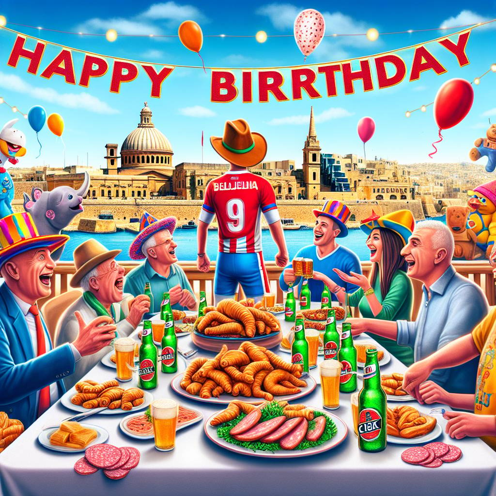 1) Birthday AI Generated Card - Malta, Maltese food, Cisk lager, West ham, Salami, Dumbo, Cowboy hat, and Happy birthday (0ddf9)