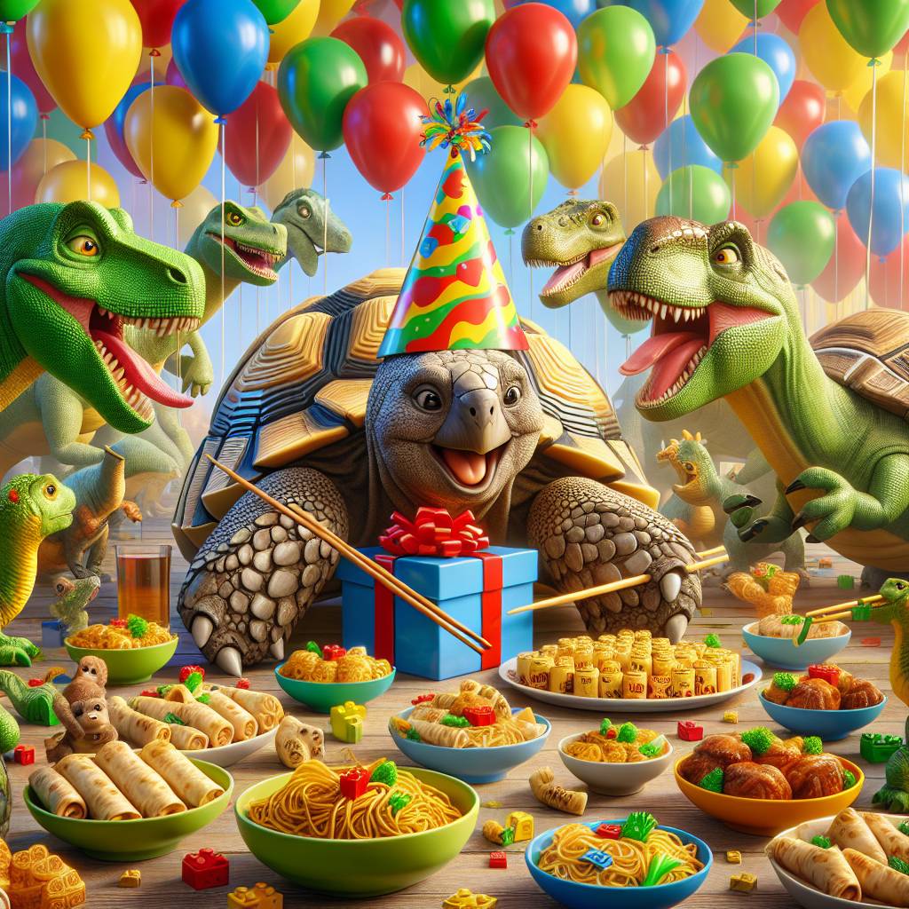 1) Birthday AI Generated Card - Tortoise, lego,dinosaurs,Chinese food, (d541b)