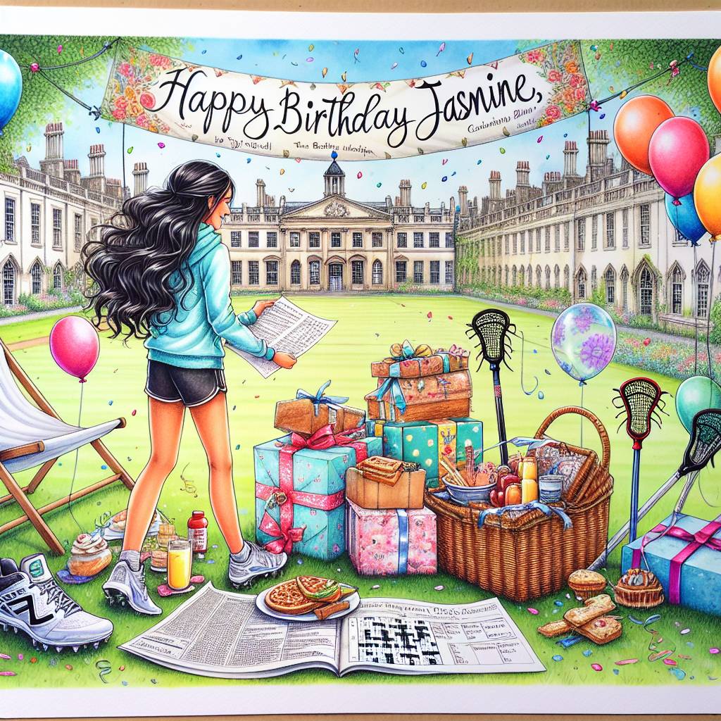 1) Birthday AI Generated Card - Happy Birthday Jasmine, Lacrosse , Cambridge, Varsity captain, Sporty, 22 years old, Best sister, Dark hair, Newspaper puzzles, and Brunch (17cb3)