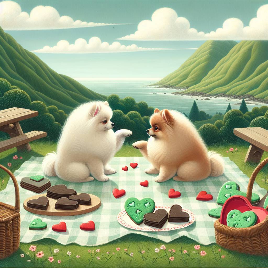 2) Valentines-day AI Generated Card - Pomeranian, Dogs, Rolling hills, Coast, Heart shaped food, Fight club, and Mint choc chip (63d96)