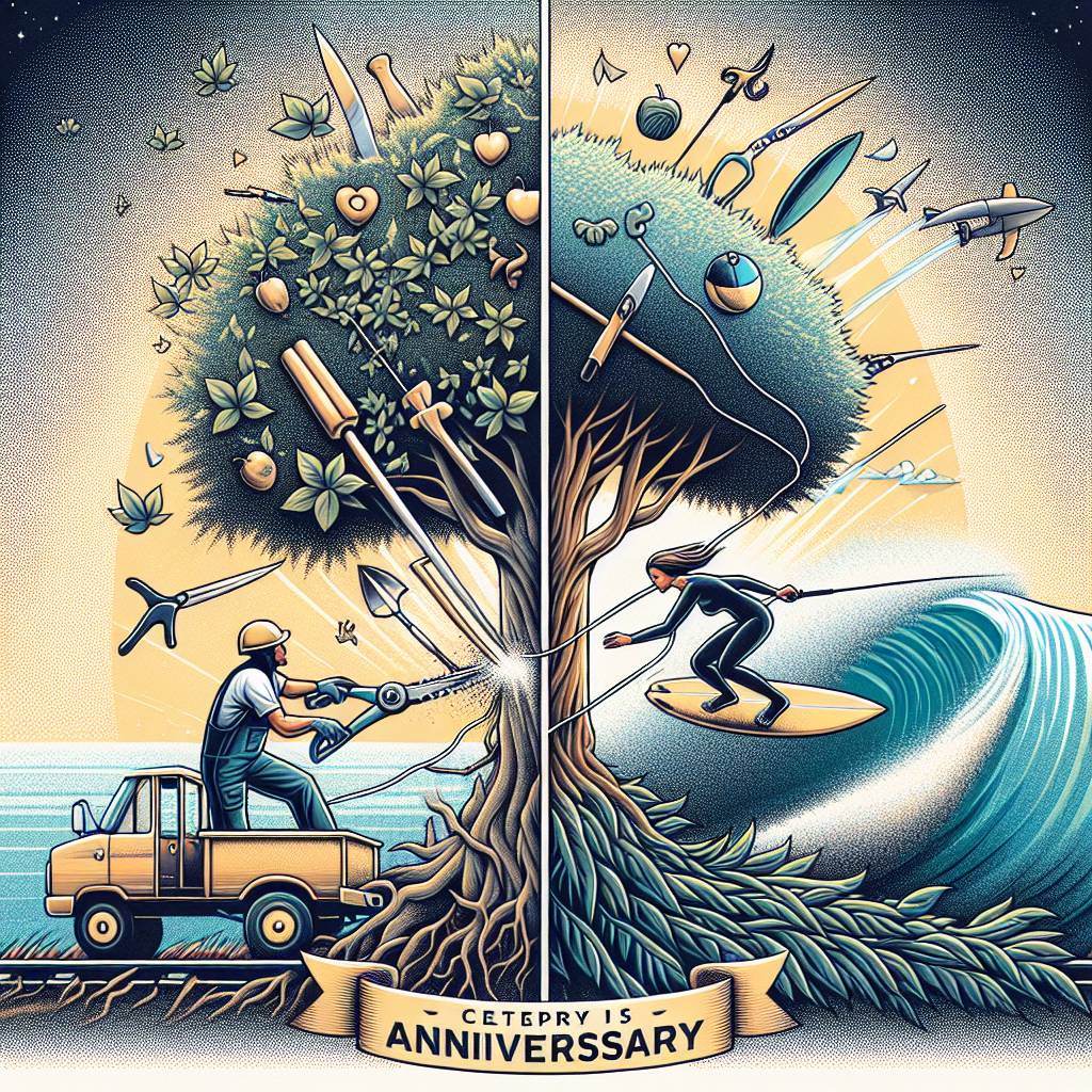 2) Anniversary AI Generated Card - Tree surgery, and Surfing (b1883)
