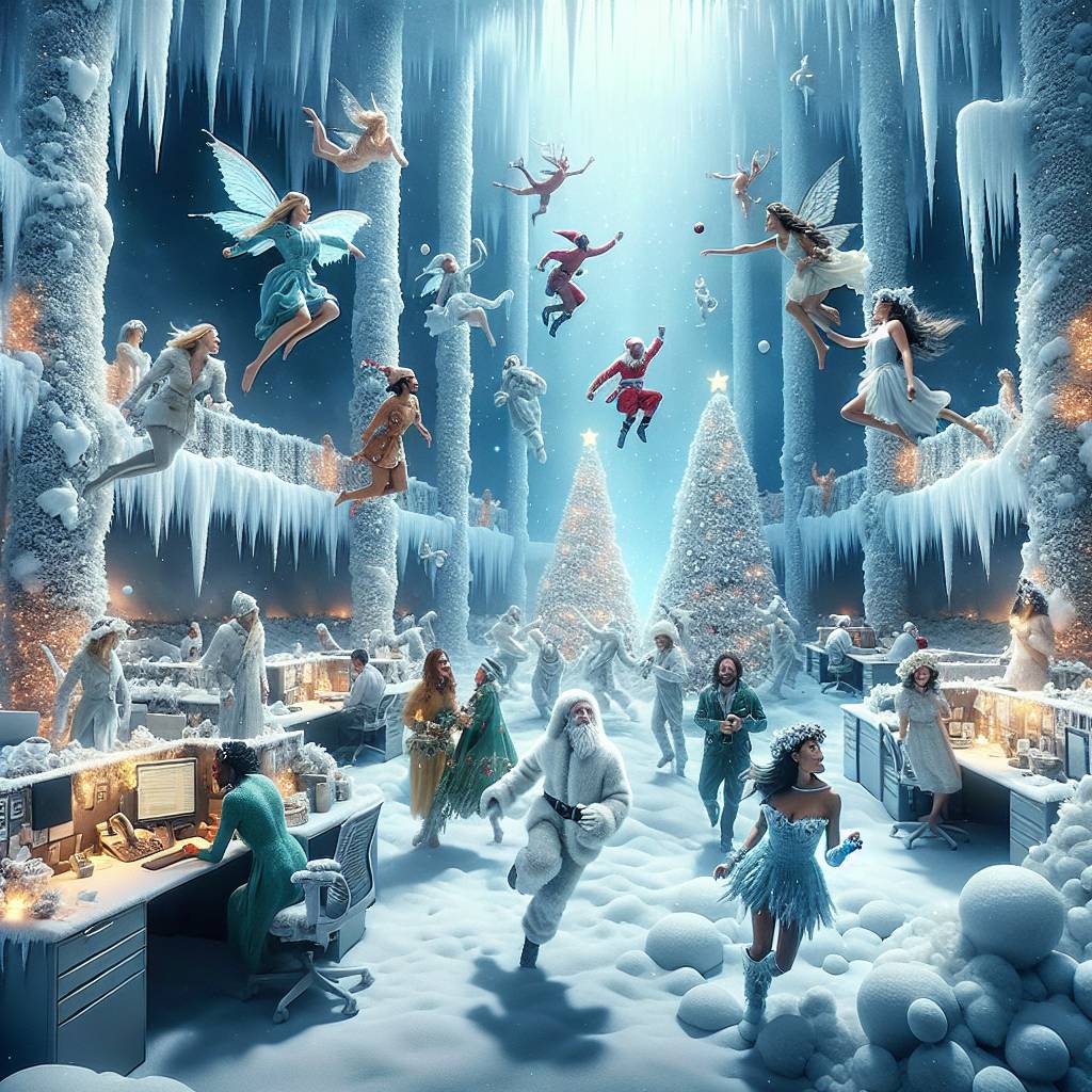 4) Christmas AI Generated Card - winter office scene 10 females and one male having fun (74d97)