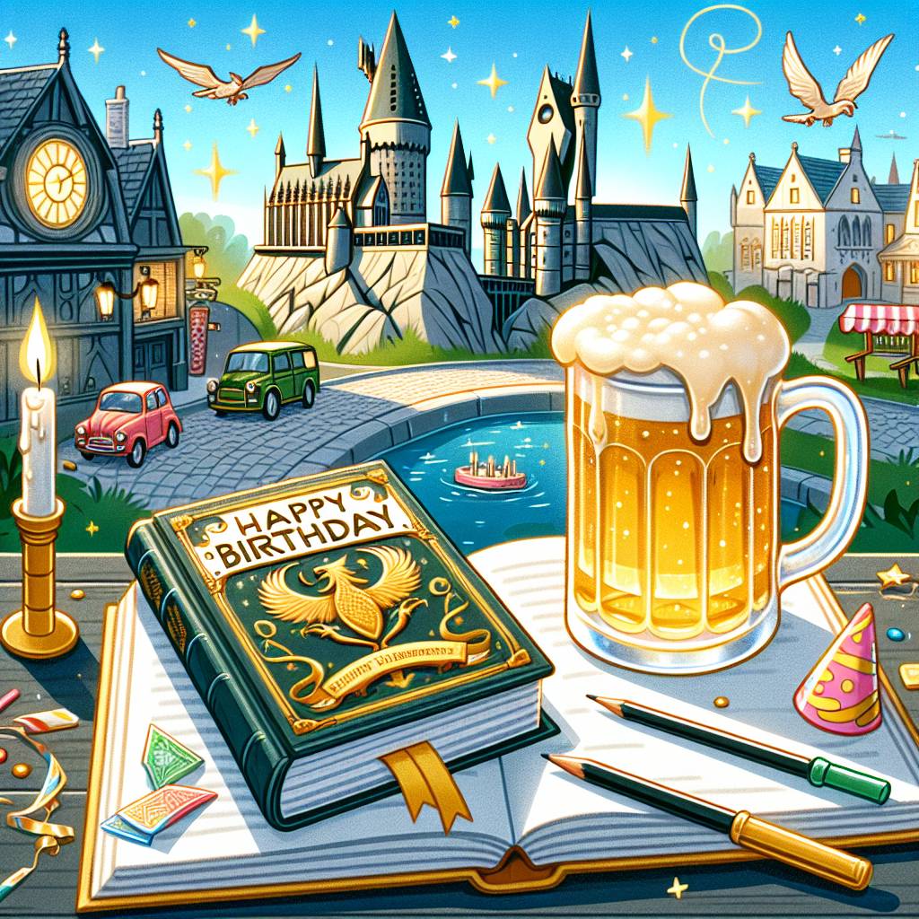 3) Birthday AI Generated Card - Beer, Harry Potter, and Travelling