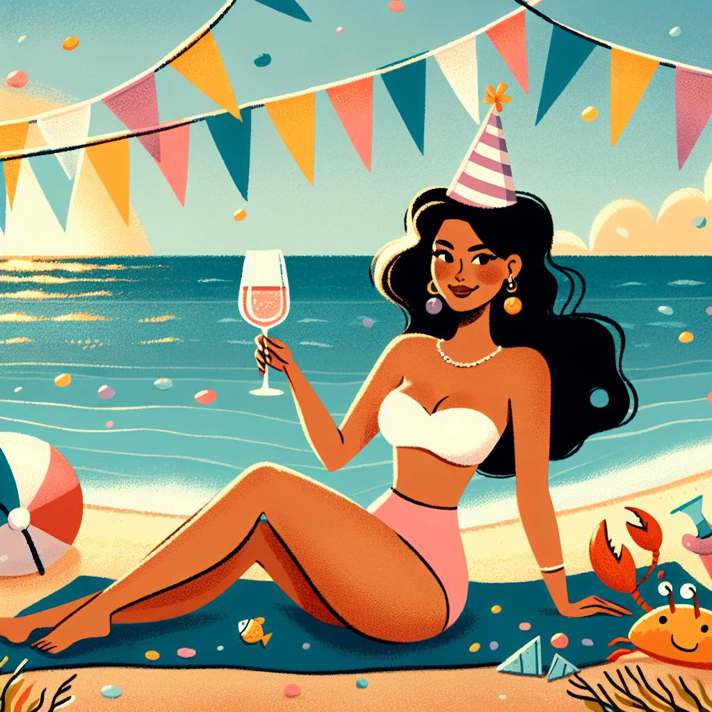 2) Birthday AI Generated Card - A woman with dark hair drinking rose by the beach  (215fa)