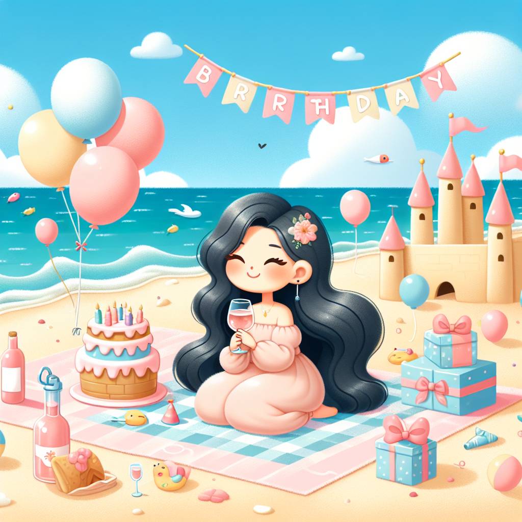 1) Birthday AI Generated Card - A woman with dark hair drinking rose by the beach  (69688)