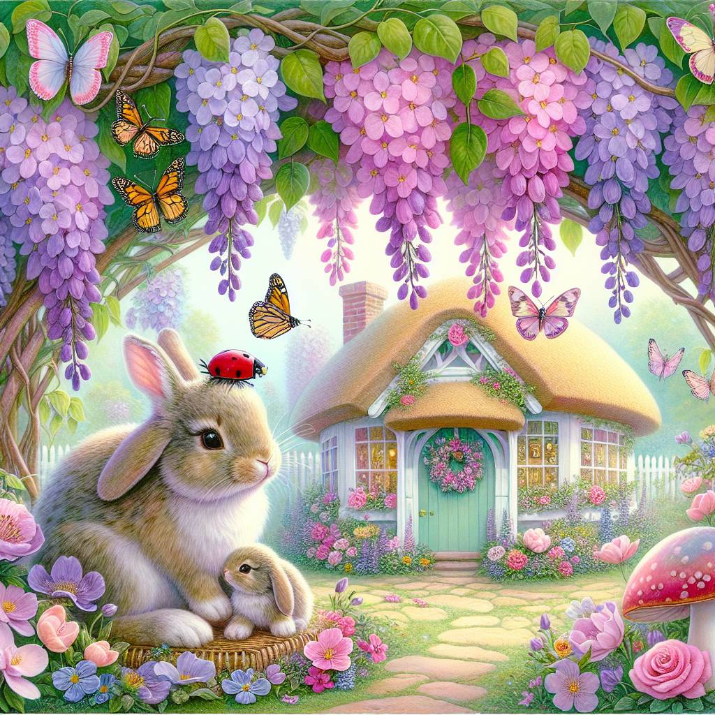 1) Mothers-day AI Generated Card - Rabbit and baby rabbit, Wisteria over archway, Pretty cottage, Ladybird, Butterflies, Sweet Williams , Hearts, and Toadstool (a5dc6)