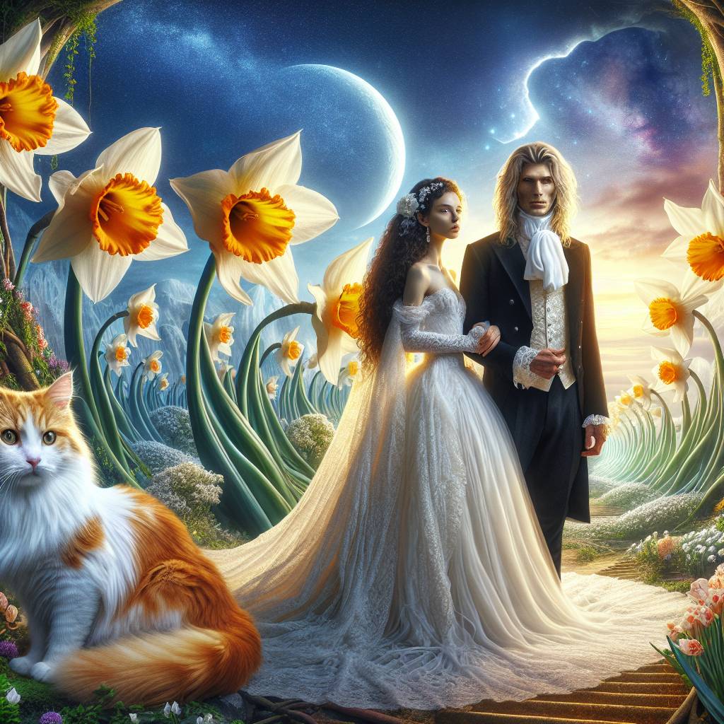 1) Wedding AI Generated Card - Dark curly haired Bride , Blonde long haired Groom , Daffodil , Sun , Moon, Ginger and white cat , and Wedding  (db480)