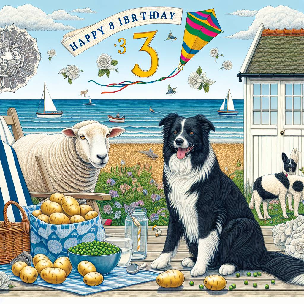 2) Birthday AI Generated Card - Black & white cat, sheep, border collie, potatoes and peas, England seaside, “33“ (64c3e)