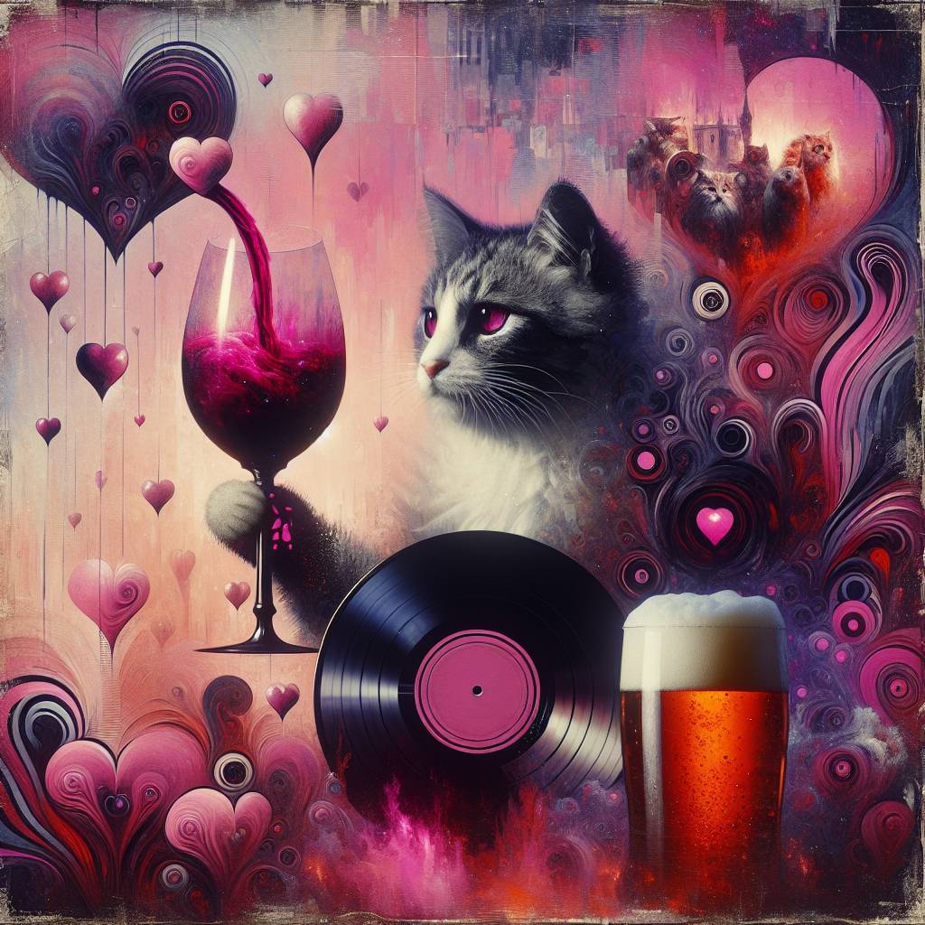 1) Valentines-day AI Generated Card - Calico cat, Red wine, Beer, Pink and black, The smiths, and Punk (b7d30)