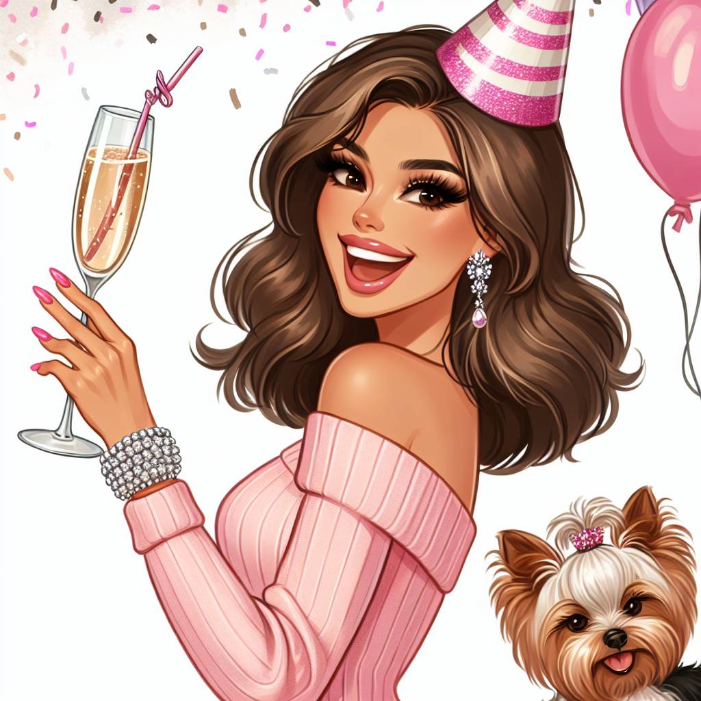 2) Birthday AI Generated Card - Lady shoulder length brown hair, Pretty pink jumper , Pearl/silver braclet , Yorkshire terrier , Pink nails, and Glass champagne  (721ae)