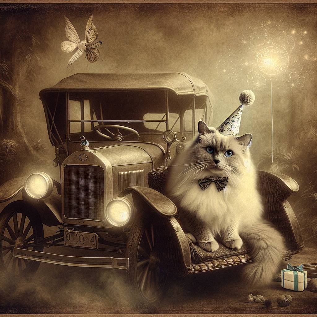 2) Birthday AI Generated Card - Ragdoll cat, Magic, and Vintage Cars (088ee)
