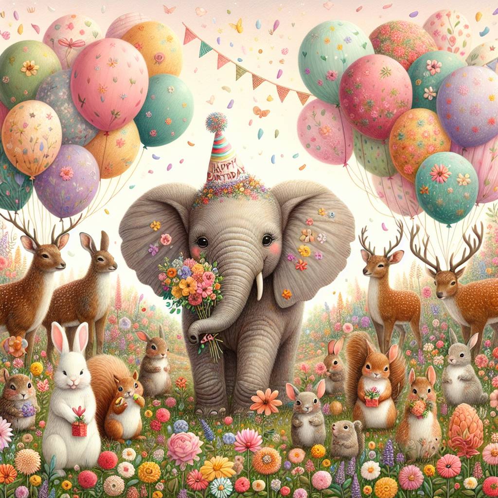1) Birthday AI Generated Card - Animals  flowers elephants  (5dd0f)