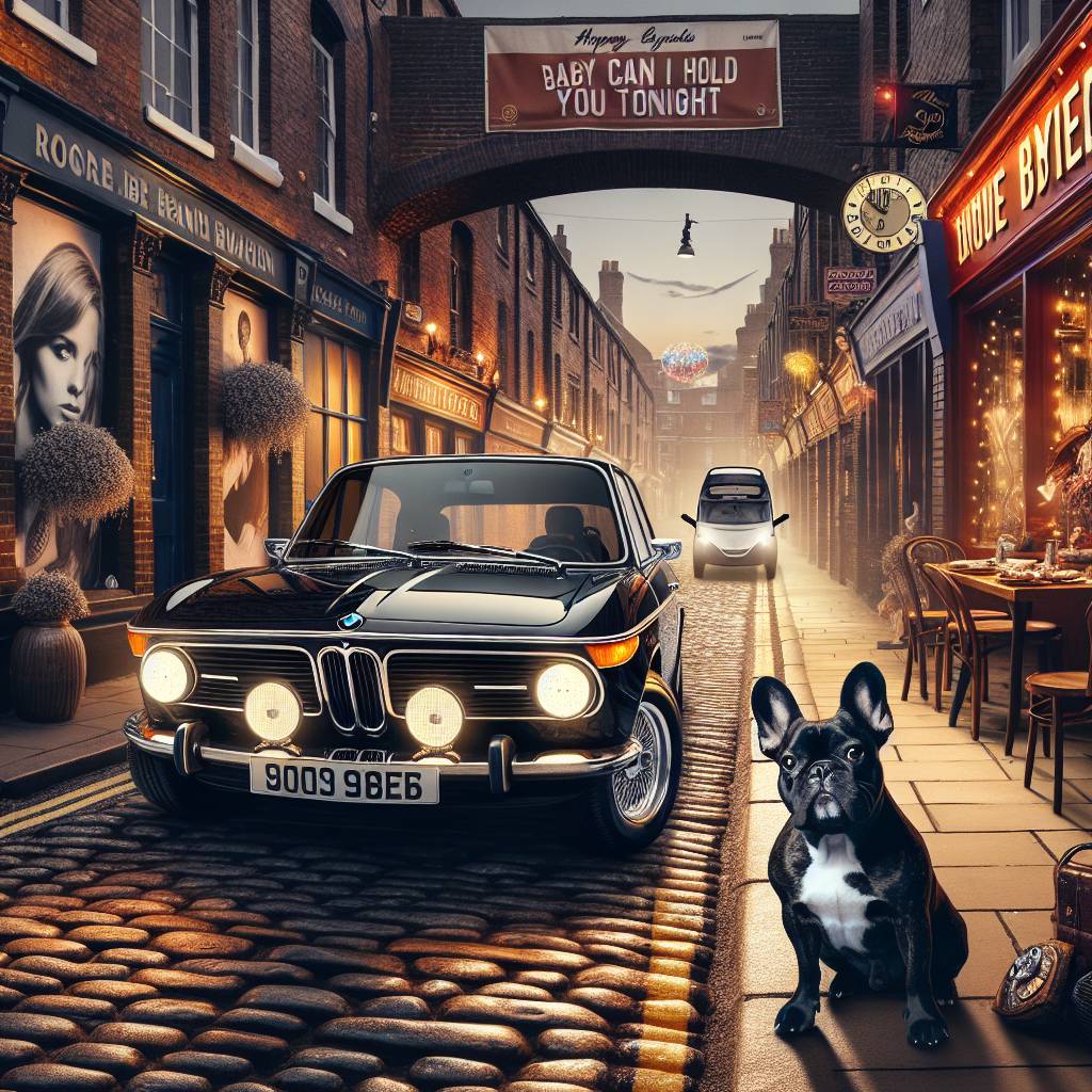 2) Valentines-day AI Generated Card - Black and tan French bulldog, Tracy Chapman "Baby can I hold you tonight" song, City of Liverpool, Black BMW car, Indian food , 80s Music , and Happy Valentines Day (c9d94)