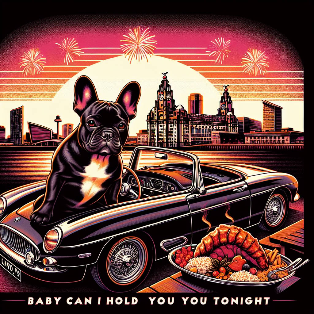 1) Valentines-day AI Generated Card - Black and tan French bulldog, Tracy Chapman "Baby can I hold you tonight" song, City of Liverpool, Black BMW car, Indian food , 80s Music , and Happy Valentines Day (2d1b4)