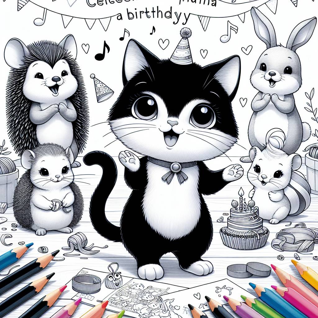 2) Birthday AI Generated Card - Black and white cat, Singing, Crafting, Hedgehog, Rabbit, and Chinchillas (75a24)
