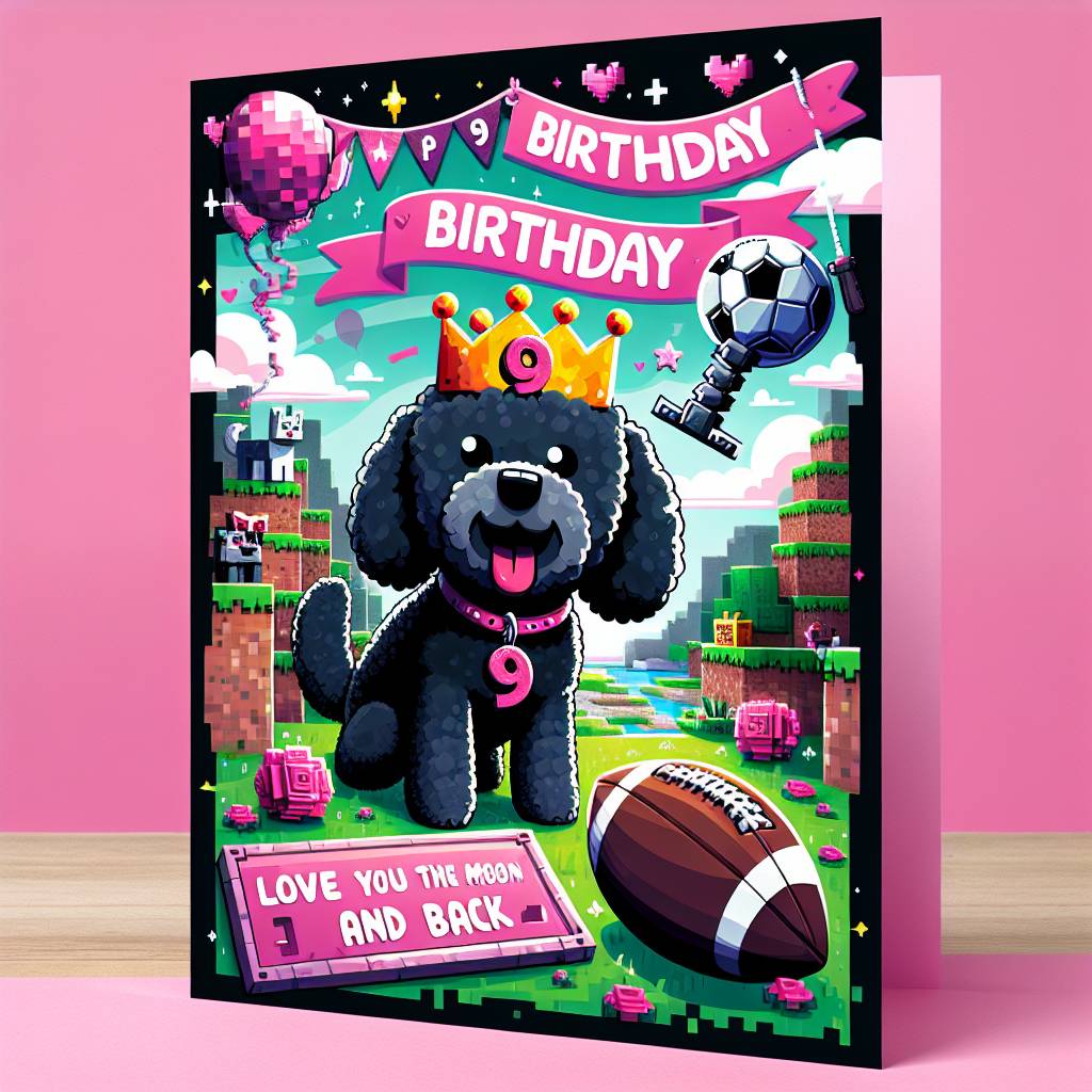 2) Birthday AI Generated Card - Black sproodle, 9 Years Old, Football, Minecraft, Love you to the moon and back, Pink, and Girl (57ff5)