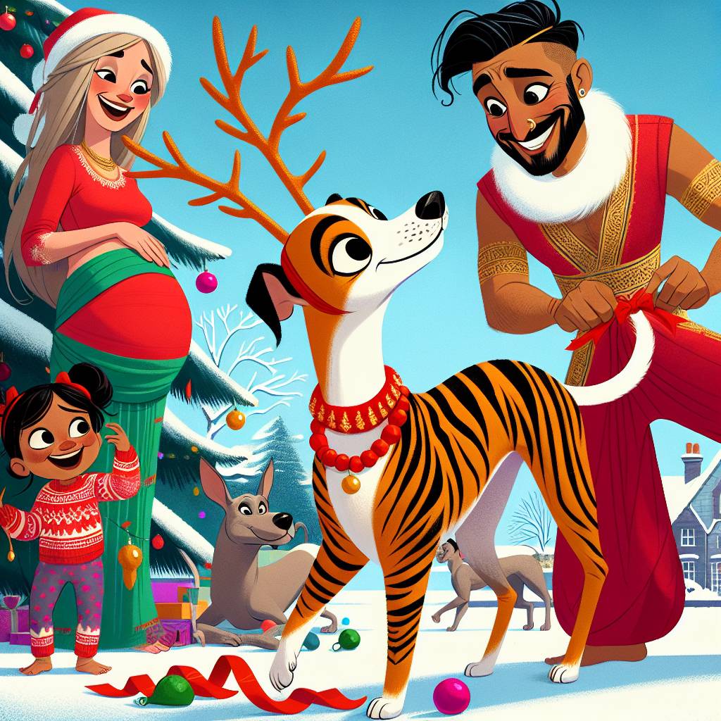 4) Christmas AI Generated Card - Whippet tiger stripes , Mixed race daughter age 2 , Mum blonde and pregnant , and Indian dad trendy  (26ce6)