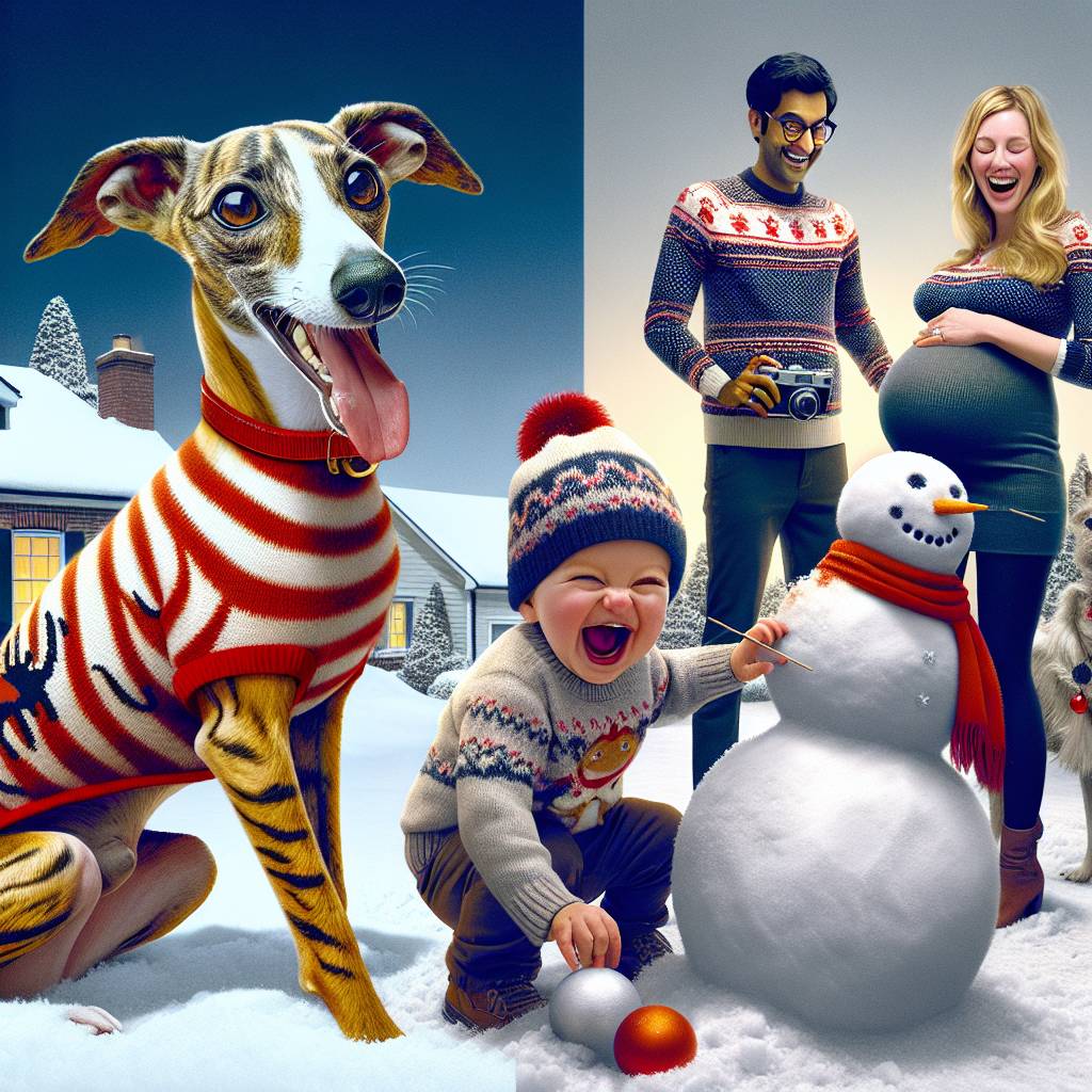 1) Christmas AI Generated Card - Whippet tiger stripes , Mixed race daughter age 2 , Mum blonde and pregnant , and Indian dad trendy  (5e328)