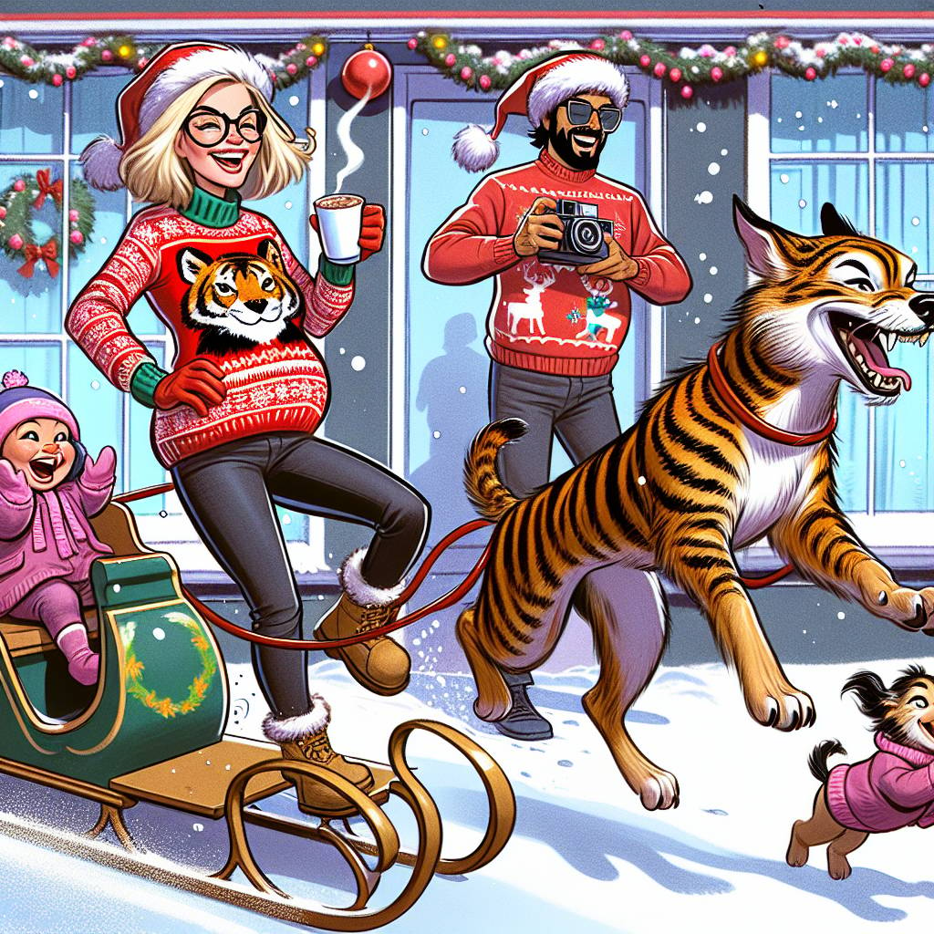 3) Christmas AI Generated Card - Whippet tiger stripes , Mixed race daughter age 2 , Mum blonde and pregnant , and Indian dad trendy  (f409c)