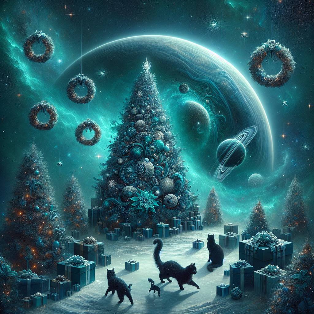 1) Christmas AI Generated Card - Space, Teal, Gifts, Twinkling, Tree, Wreaths , Holly, Black cat, and Black and white cat (e8987)
