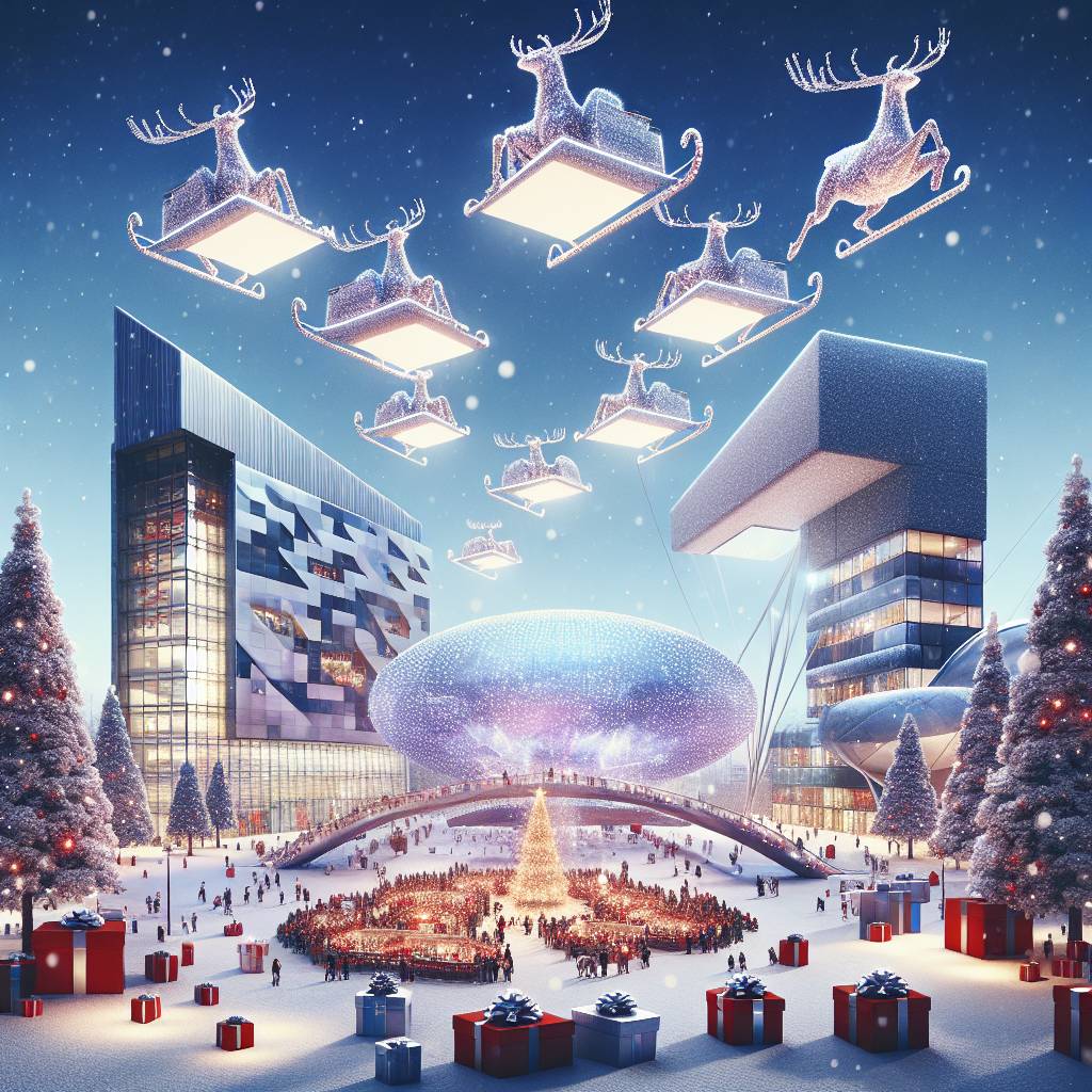 4) Christmas AI Generated Card - Flying screens featuring reindeer, Christmas party, Salford , Media city, Presents, Snowy scene, and Decorations (cd12e)
