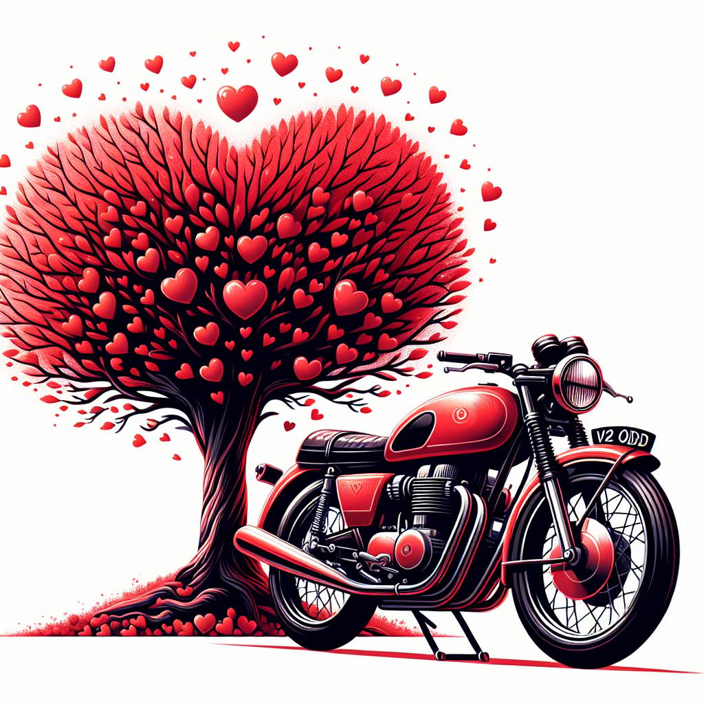 2) Valentines-day AI Generated Card - Red Harley Davidson Motor bike, and Registration V2 ODD, Tree red hearts (9dc24)