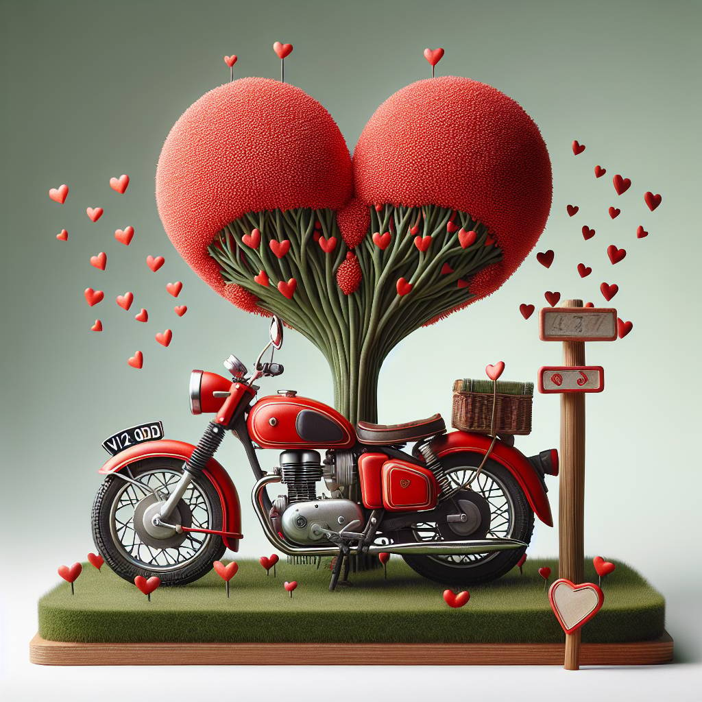1) Valentines-day AI Generated Card - Red Harley Davidson Motor bike, and Registration V2 ODD, Tree red hearts (d95d4)