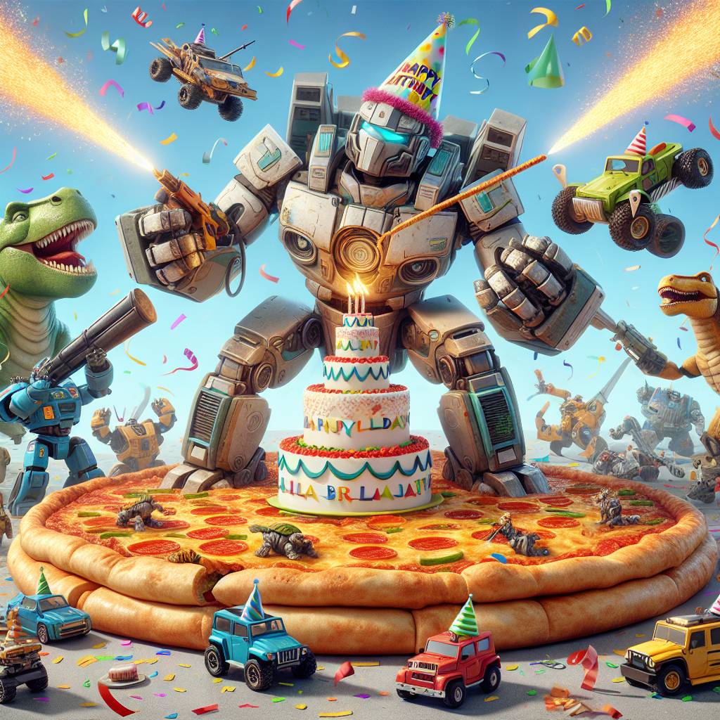 1) Birthday AI Generated Card - Transformers, Tanks, Godzilla, and Pizza (5aca4)