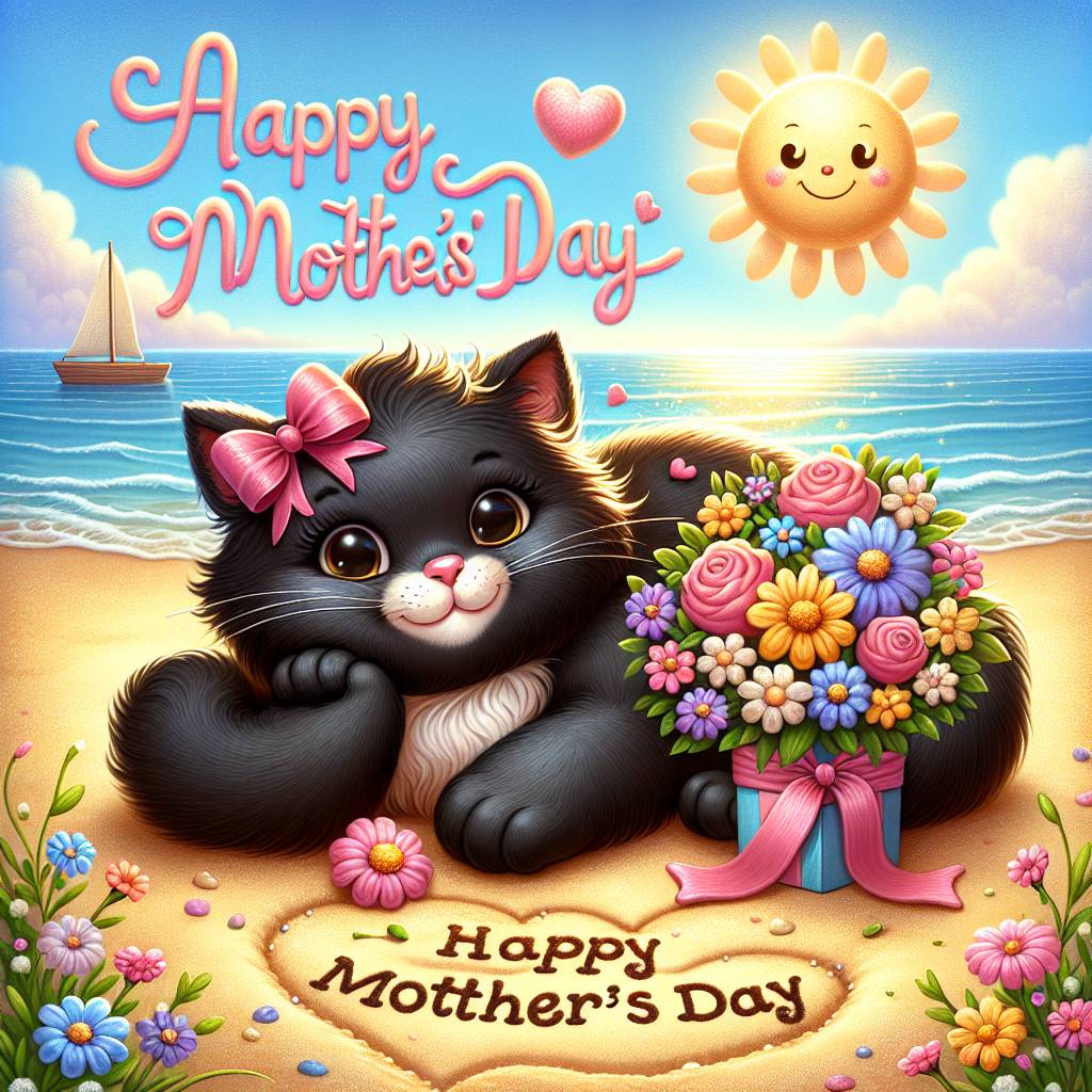 1) Mothers-day AI Generated Card - Black cat, and Ocean (c927d)