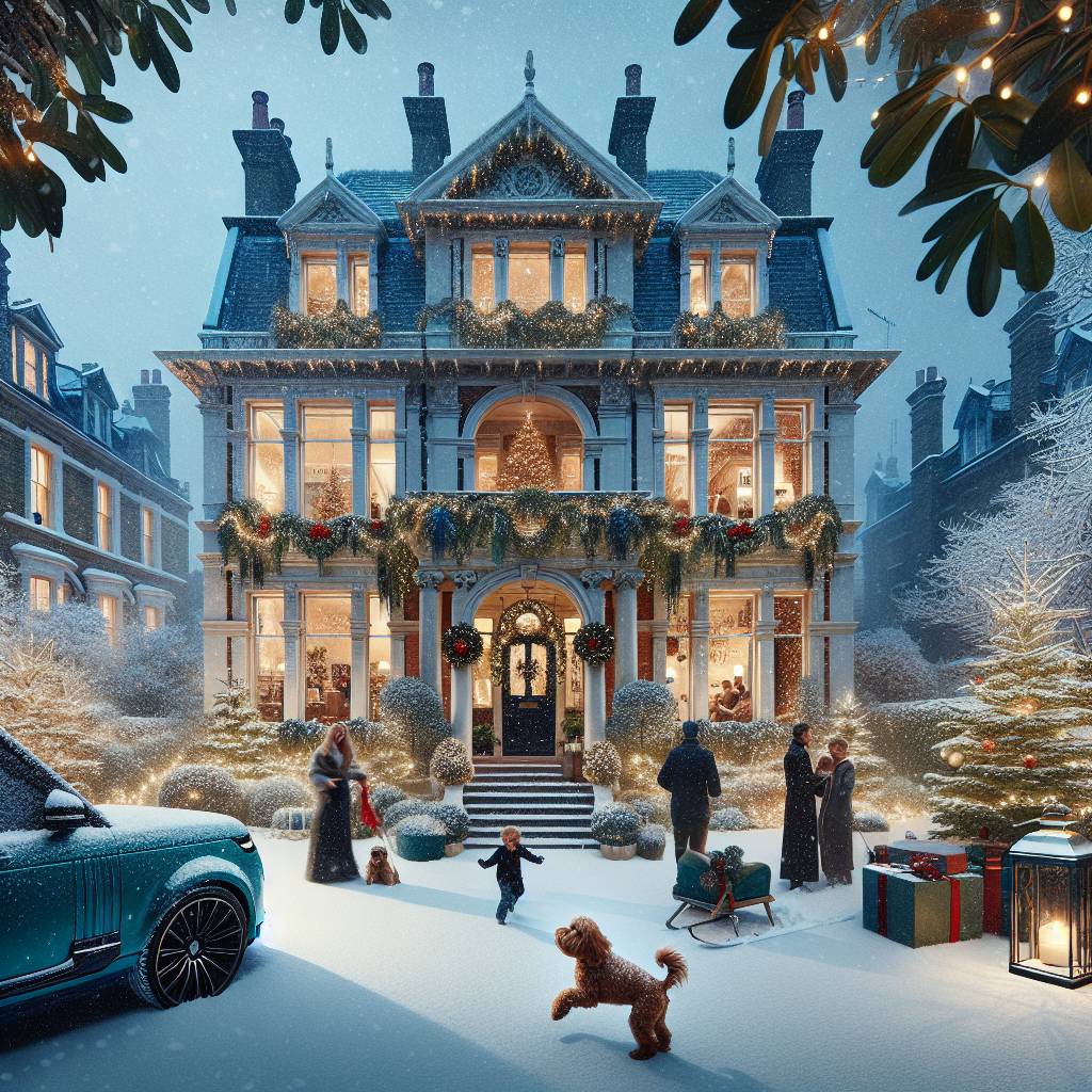 4) Christmas AI Generated Card - Small ginger cockapoo, Blue Tesla model Y, Green Porsche taycan, Edwardian London house, Christmas scene, Family, and Skiing (9650d)