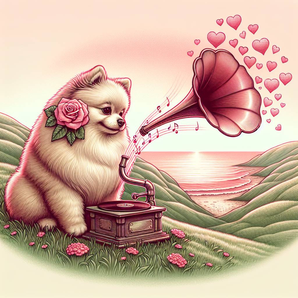 2) Valentines-day AI Generated Card - Pomeranian, Fight club, Music, Rolling hills, and Coast (7e113)