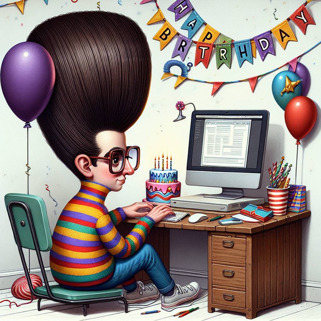 2) Birthday AI Generated Card - Justin Bieber Hair, Working at a Computer, and Stripey Top (31edf)