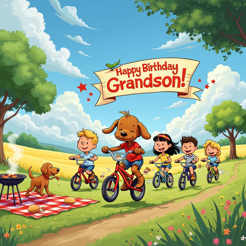 1) Birthday AI Generated Card - Mini BMX Bike, Brown Cockapoo, BBQ, Friends on mini BMX bikes, 8 years old, Grandson, and Fields (8c1df)