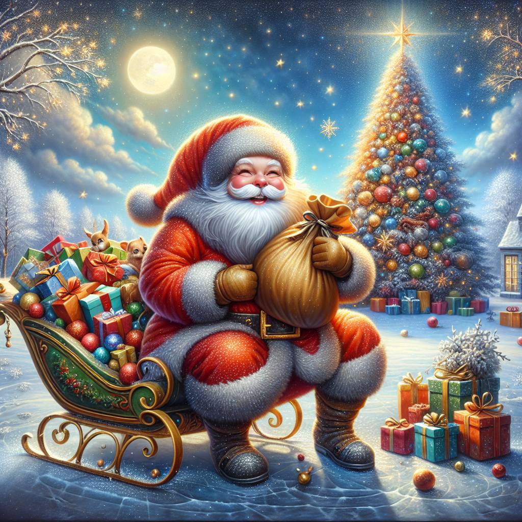 3) Christmas AI Generated Card - Cute santa with gifts and sledge. Background should have snow fall stars and christmas tree (988f6)