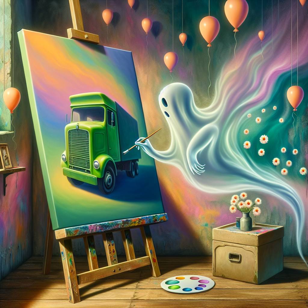 1) Birthday AI Generated Card - ghost painting a picture of a green lorry  (580e3)