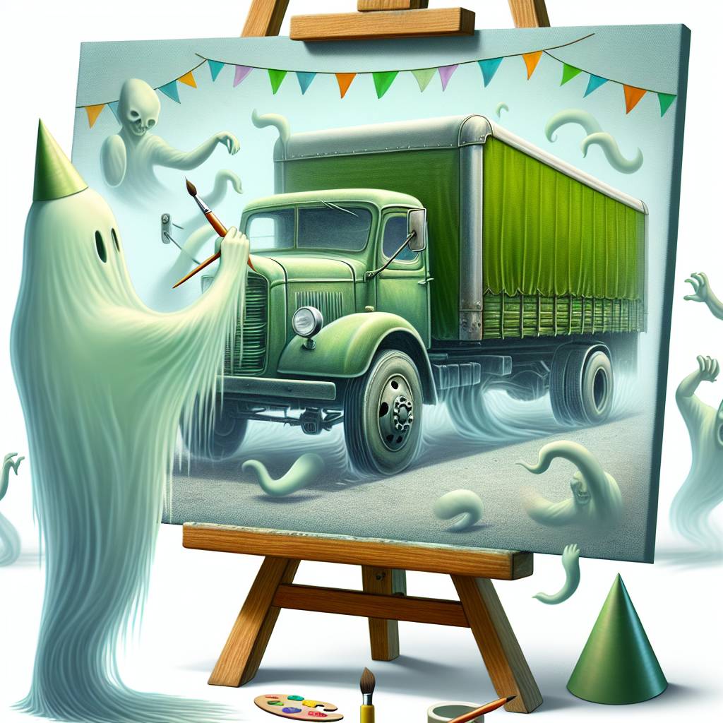2) Birthday AI Generated Card - ghost painting a picture of a green lorry  (167fb)