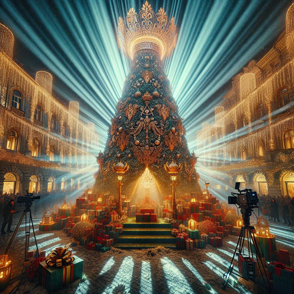 1) Christmas AI Generated Card - Giant christmas tree with pointy crown decorations on it, , , , , , and Sunbeams, Presents, Manchester, Media city, Television Cameras, Christmas crackers, and Night time with sun beams (131d3)