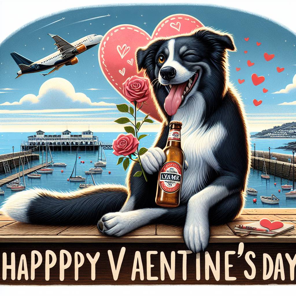 1) Valentines-day AI Generated Card - Border collie, Brewdog beer, Lyme regis, Airbus a320, and Flirting (9a9d1)