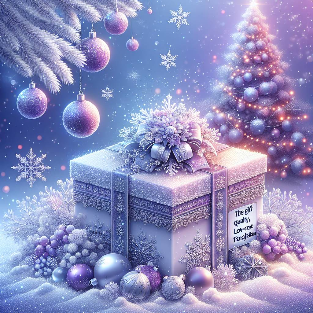 1) Christmas AI Generated Card - Present with baubles and snowflakes above it , Christmas tree in the background , Snowy , and Colours purple and blue (5cafe)