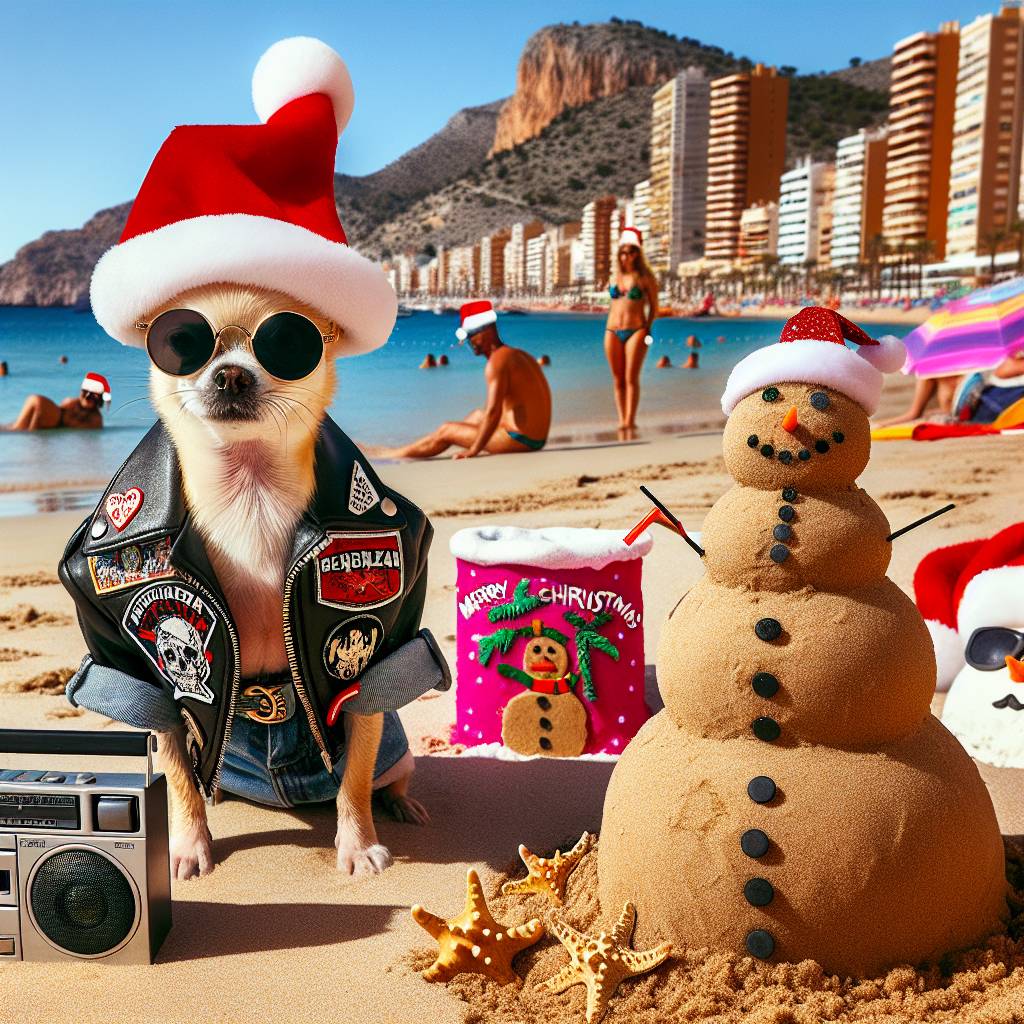 3) Christmas AI Generated Card - Benidorm , Chihuahua , Rock music , and Sun bathing (41bfc)