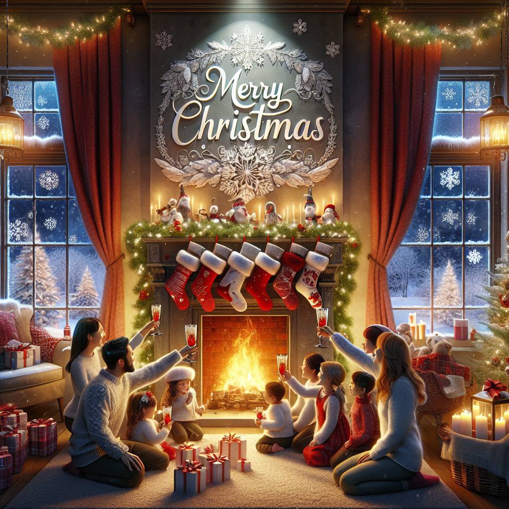 1) Christmas AI Generated Card - Fireplace, Stockings , Snow, and Family  (7654a)