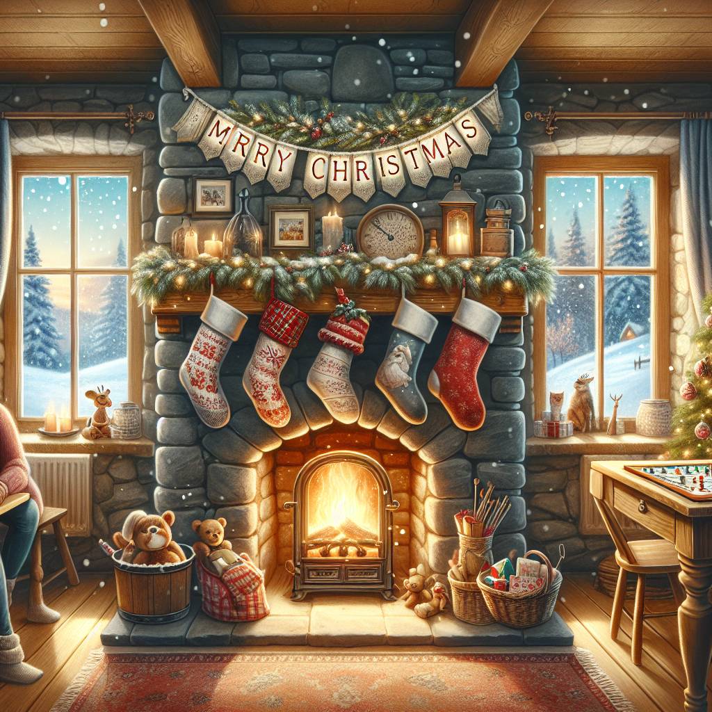 2) Christmas AI Generated Card - Fireplace, Stockings , Snow, and Family  (0c4fc)