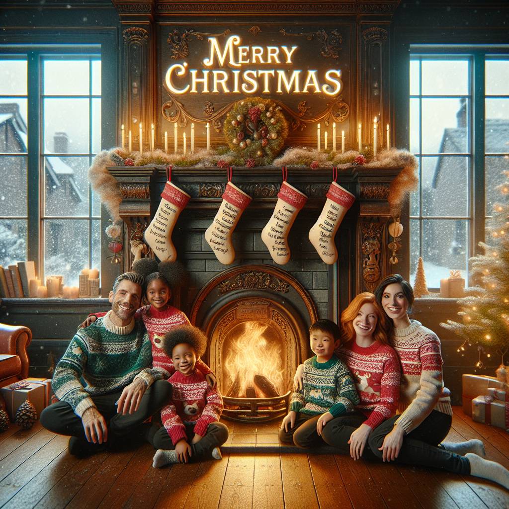 4) Christmas AI Generated Card - Fireplace, Stockings , Snow, and Family  (b9124)